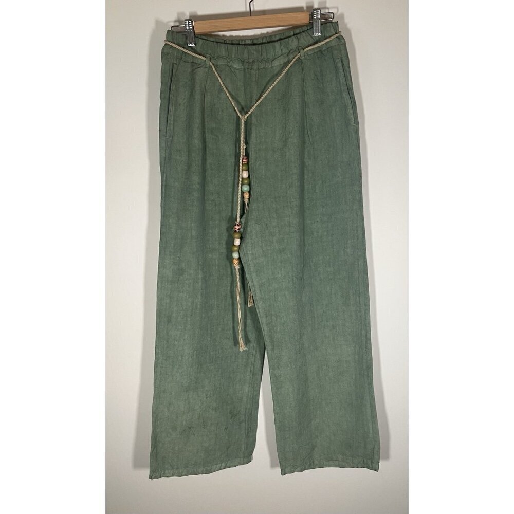 NWT Dr. Collectors P73 flare pleated wild silk and hemp green pants L California